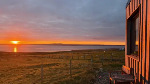Sue Senior Sunset, with the sea in distance, and fields of sheep and the sun's glow against a wooden building.