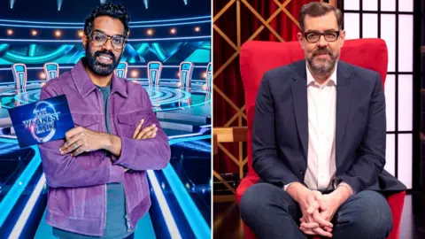 Romesh Ranganathan on the set of The Weakest Link, and Richard Osman on the set of House of Games