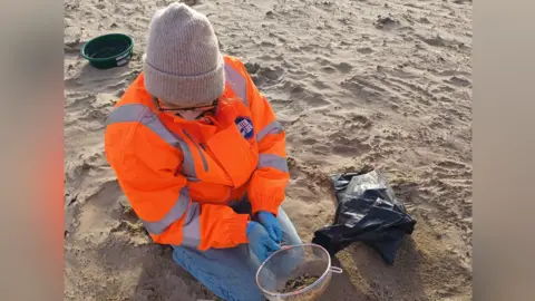 Southern Water A Southern Water employee on Camber Sands in East Sussex cleaning up plastic pellets. The employee is wearing jeans and an orange high-viz coat. She is holding a utensil full of pellets.