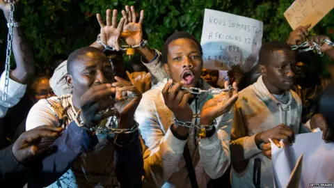 Getty Images Protesters outside the Libyan embassy in the Moroccan capital Rabat this month