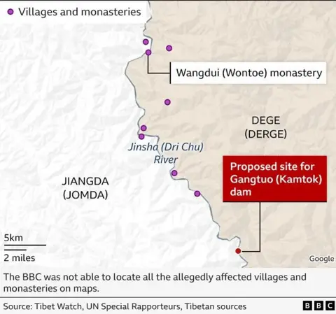 BBC graphic showing location of Gangtuo dam project and affected villages and monasteries