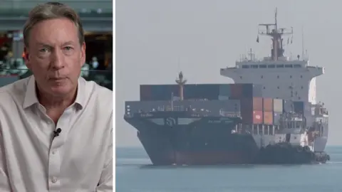 Split screen image showing correspondent Frank Gardner on the right and a vessel on the left