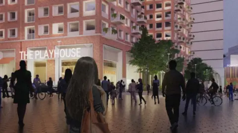 Hammerson A drawing of what the development at the site of the Bull Ring Indoor Market could look like with lots of people standing in front of a red brick building with the words The Playhouse on it