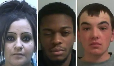 Mugshots of Christina Stelious Xiourroupas, Javough Denmar Ennis, and Neil Kenneth Gordon. Christina has long dark hair and is wearing lots of make-up. Javough has one eye shut and has short dark hair. Neil has short dark hair and is wearing a grey jumper. 