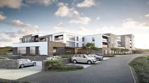 MICHAEL THOMPSON A CGI of the plans, a modern white and stone building, and there are cars parked in front.