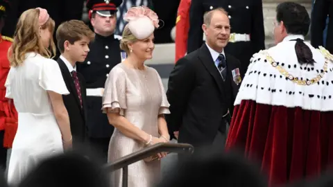 Getty Images Lady Louise Windsor, James, Viscount Severn, Sophie, Countess of Wessex, and Prince Edward, Earl of Wessex, arrive at the National Service of Thanksgiving at St Paul's Cathedral