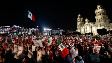 EPA Supporters of Mexico's Presidential candidate Claudia Sheinbaum celebrate after knowing the preliminary results of the general elections in Mexico City, Mexico, 03 June 2024