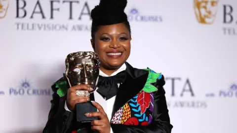 EPA Gbemisola Ikumelo holds her award for the Best Female Comedy performance during the 2024 BAFTA TV Awards at the Royal Festival Hall in London, Britain, 12 May 2024