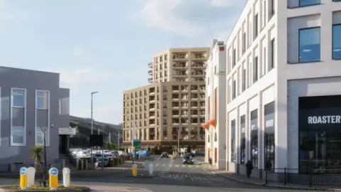 LORD STREET DEVELOPMENT SPV LIMITED A view of the development from the sea terminal, it is a large brown building behind another modern white building.