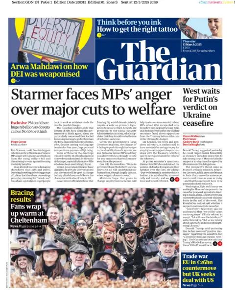 The headline on the front of the Guardian reads: 