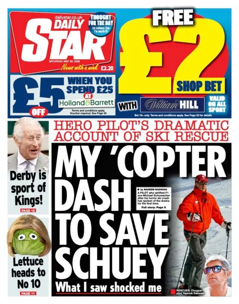 The headline on the front page of the Daily Star reads: 'My 'copter dash to save Schuey'.