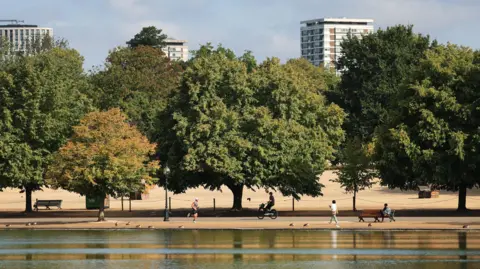 People walk, run and cycle through the parched park lands of Hyde Park during the drought in central London. 