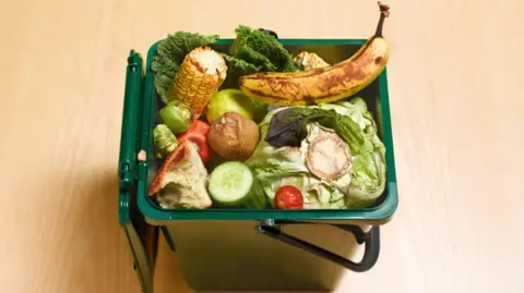 Getty Images A dark green food waste bin with fruit and vegetables inside.