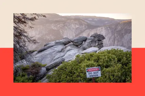 Danger do not enter signal at Yosemite national park at Glacier point with its famous overhanging rock
