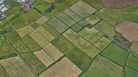 An aerial view of rectangular green fields in Wirral. The land is a patchwork of different greens and browns, with a few buildings - looking like red-roofed newish-build houses and an industrial estate - clumped together in the top left corner.