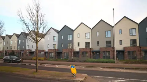 Martin Giles/BBC A row of two-storey houses built to the same design - but with frontages in various shades of grey and grown. There is a narrow pavement in front of them, running alongside a black-surfaced narrow road. There is a pedestrian aisle in the foreground with a bent yellow bollard and a leafless tree.