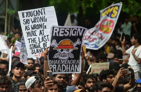 Getty Images Protesters gather as they take part in a demonstration organised by the Cockroach Janta Party (CJP) at Jantar Mantar during the opening day of Parliament's Monsoon Session on July 20, 2026 in New Delhi, India.