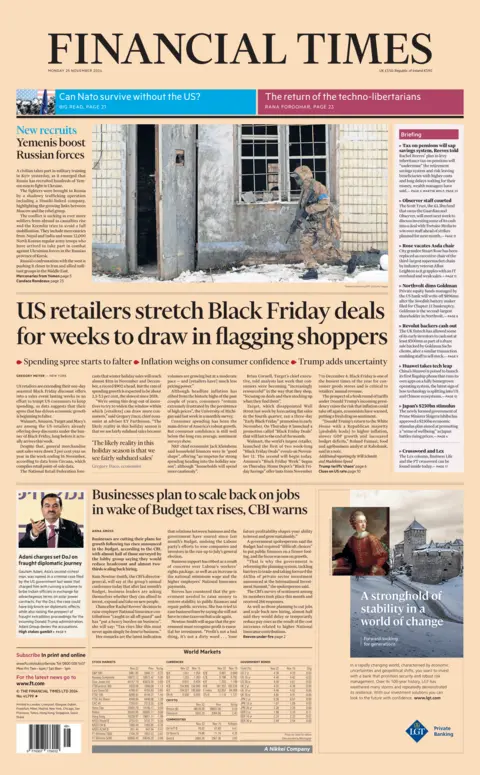 The Financial Times beforehand   leafage   with header  "US retailers agelong   Black Friday deals for weeks to gully  successful  flagging shoppers"