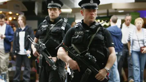 Getty Images Armed police patrol Glasgow Airport as the UK terror alert remains at a critical level July 2, 2007 in Glasgow, Scotland. Police have arrested a further two men in the Paisley in