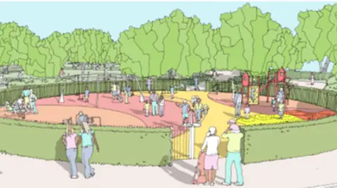 Artist's impression of the new Bloxwich park play area. The drawing is colourful and shows families taking their children to the park surrounded by a green hedge outlining the perimeter of the play area. There are children playing on the playground equipment and friends walking around the park perimeter.