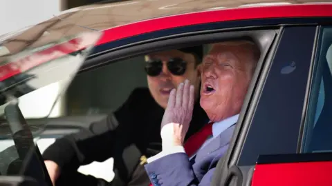 US President Donald Trump and White House Senior Advisor, Tesla and SpaceX CEO Elon Musk sit in a Tesla Model S on the South Lawn of the White House on 11 March, 2025 in Washington, DC. 
