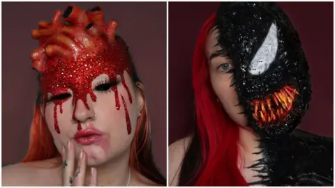 Beckii Whitehead Split image of Beckii's makeup looks - one is a glittery prosthetic heart on her head and the other is a black glittery monster face
