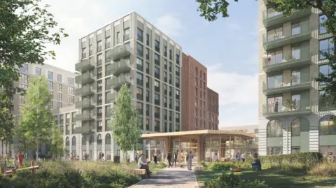 An artist's impression of the development shows tall blocks of flats with green spaces and trees surrounding them on a bright sunny day