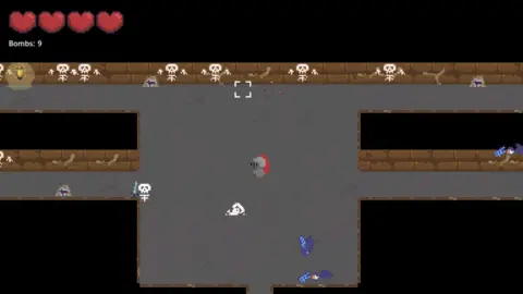 Provided A screenshot of Thiago's game, with a knight navigating a dungeon whilst fighting skeletons.