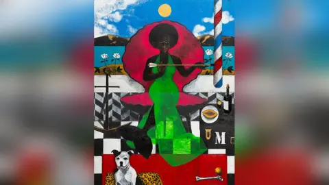 Abe Odedina / Ferens Art Gallery Madame La Sirene by Abe Odedina it depicts a black woman in a green dress holding an arrow and sitting in an large clam shell with a striped barbers pole beside her. In the foreground is a white and black dog in an orange and black basket on a red rug.