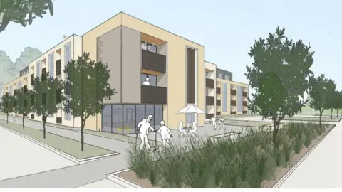 A block of flats with a cream coloured wall and a flat roof. There are drawings of people talking on the terrace outside, two people sitting under a parasol and a couple on a balcony on the upper floor. There is a row of trees to the left and in front of the flats.