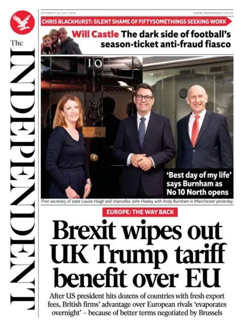 The headline on the front page of the Independent reads: "Brexit wipes out UK Trump tariff benefit over EU."