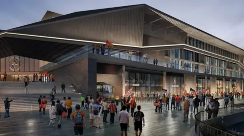 Luton Town FC A CGI image showing fans outside the ground. 