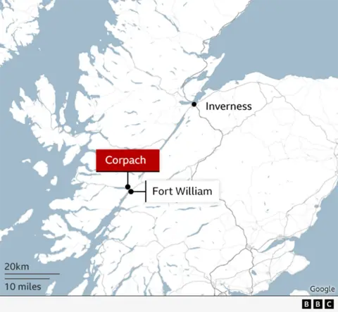 Map shows Corpach in the West Highlands. It is close to Fort William and south-west of Inverness.