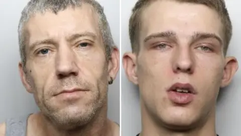 Two men jailed for attempted murder and firearms offences. The man on the left, age 46, has grey hair, a grey vest, and an earring in his left ear. The man on the right is 23. He has his mouth slightly open and is wearing a black T-shirt.