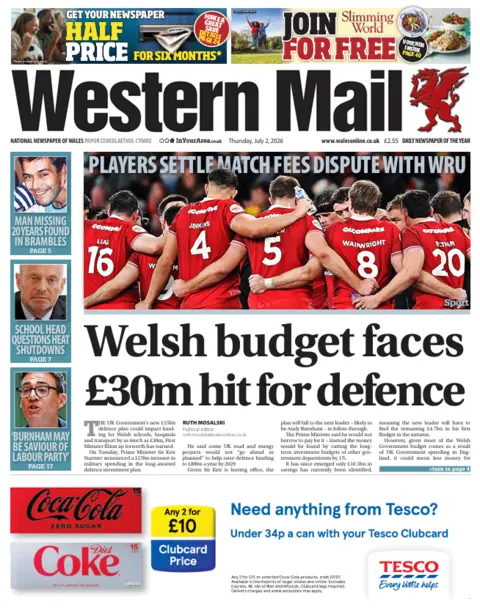 Western Mail Western Mail. The main headline reads: Welsh budget faces £30m hit for defence