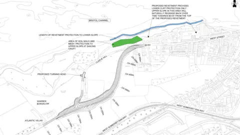 Somerset Council / WSP An annotated map showing plans to build a 1,970ft (600m) road connecting Saxon Ridge and the B3191 at Warren Bungalow.