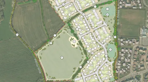 A map showing fields to the left, proposed houses in the middle, shown as small white squares with green spaces for gardens and labelled with numbers, and then existing houses to the right.
