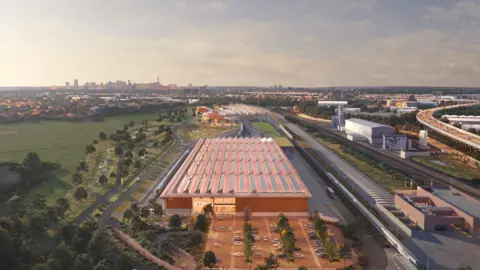 HS2 A CGI image of a large HS2 building next to train tracks, showing what the development could look like in the future