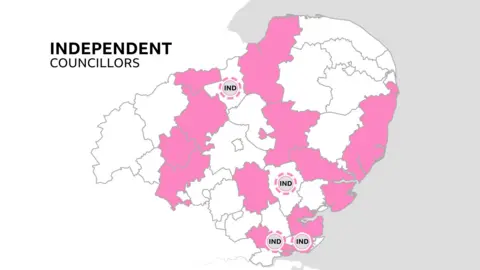 A map of the East of England which shows district and unitary councils run or part run by independents and residents groups. They are East and West Suffolk, Babergh, West Norfolk, Huntingdonshire, Peterborough, Tendring, Uttlesford, Brentwood, Castle Point, Southend, Maldon, Bedford and Central Bedfordshire. It also highlights Fenland, Braintree, Basildon and Rochford which have a significant number of independents. 