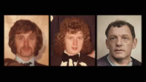 Old photos of Eric Cullen, Cyril Cullen, and George Kirkpatrick. Eric has thick brown wavy hair and a goatee, wearing a blue shirt and black tie and jacket. Cyril has big brown curly hair, wearing a back tuxedo with big bow-tie and flower. George has short brown hair, wearing a purple jumper with light blue t-shirt underneath.