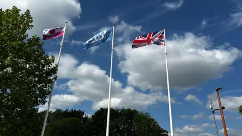 United Lincolnshire Teaching Hospitals NHS Trust Three flags flying on tall white poles. One is pink and white with a pink heart in the middle, one is a blue NHS flag, and the other is a Union flag.