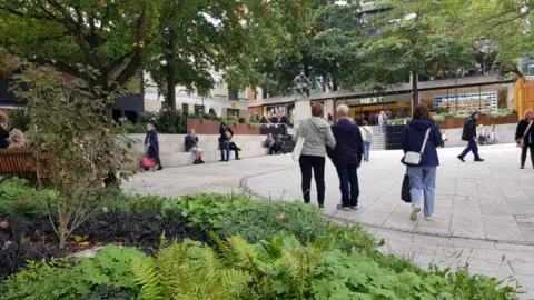 BBC Renovated Hay Hill showing ferns and other foliage in foreground, people on paved area and sitting on steps, and steps up to Next shop