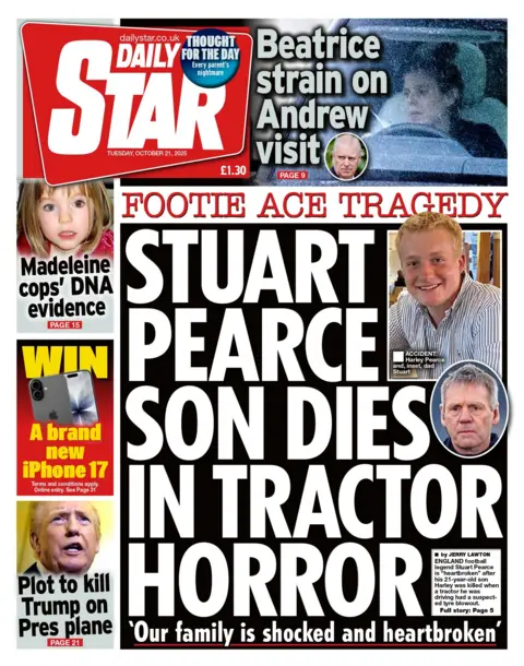 "Stuart Pearce son dies in tractor horror" reads the headline on the front page of the Daily Star.