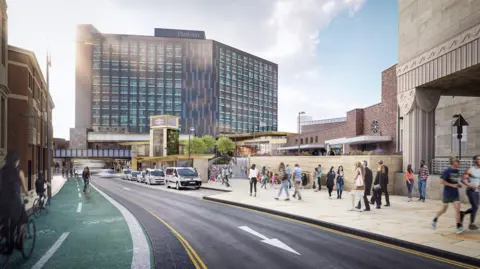 Leeds City Council An artist's impression of Bishopgate Street, outside Leeds railway station. An office building can be seen in the background. Taxis are seen queued-up outside the new station entrance, with people walking on a nearby pavement. There is a bike lane to the left of the picture, painted green.