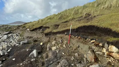 The Scape Trust An area of shorelines has been washed away to reveal a charcoal-rich layer. There are rocks below a grassy bank.