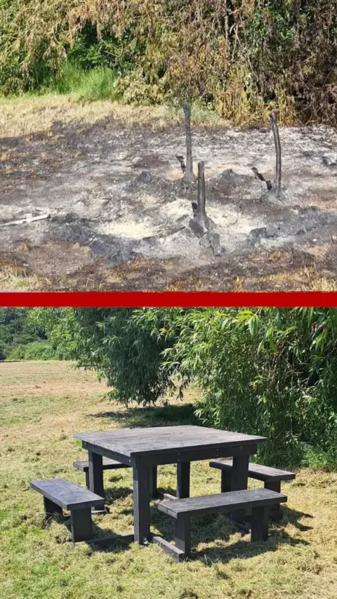 A split screen of a bench in a park with another image of charred remains.
