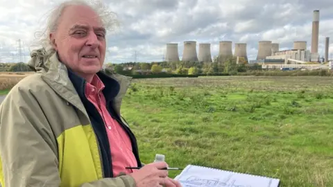 Artist Roy Young sketches Ratcliffe-on-Soar power station