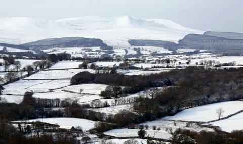 The view from Defynnog after heavy snow in the Brecon Beacons National Park, south Wales