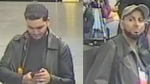 British Transport Police A composite of two images, both grainy CCTV images of young men