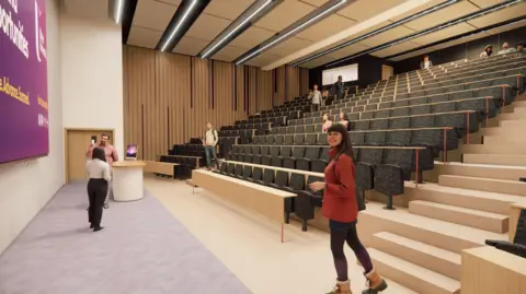 Ulster University An architect's impression of the new centre's teaching and seminar space. It shows rows of tiers seating facing a board. A number of people are standing in the foregorund